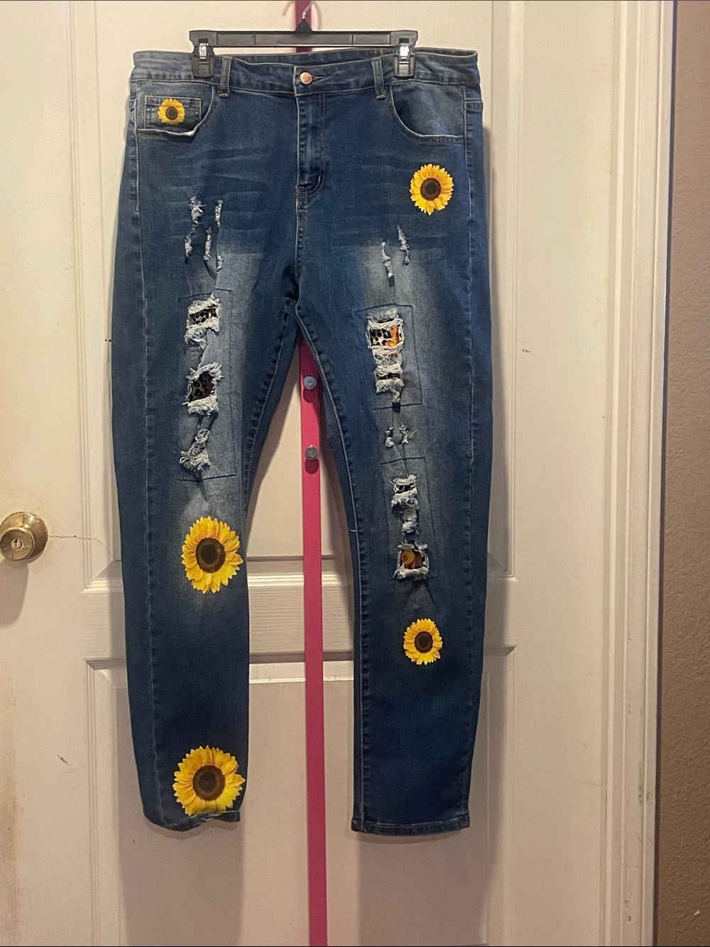 Women’s Blue Distressed Sunflower Patch Jeans
